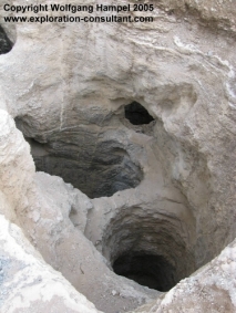 Andronondambo Sapphire deposit: view of artisanal diggings. The miners follow subvertical plagioclasite veins which carry sapphire.